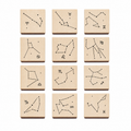 Twelve zodiac constellation beech wood rubber stamps on pure white background