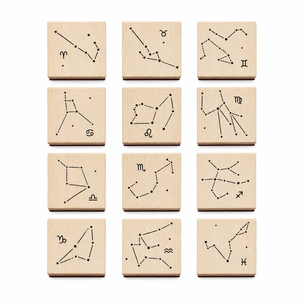 Twelve zodiac constellation beech wood rubber stamps on pure white background