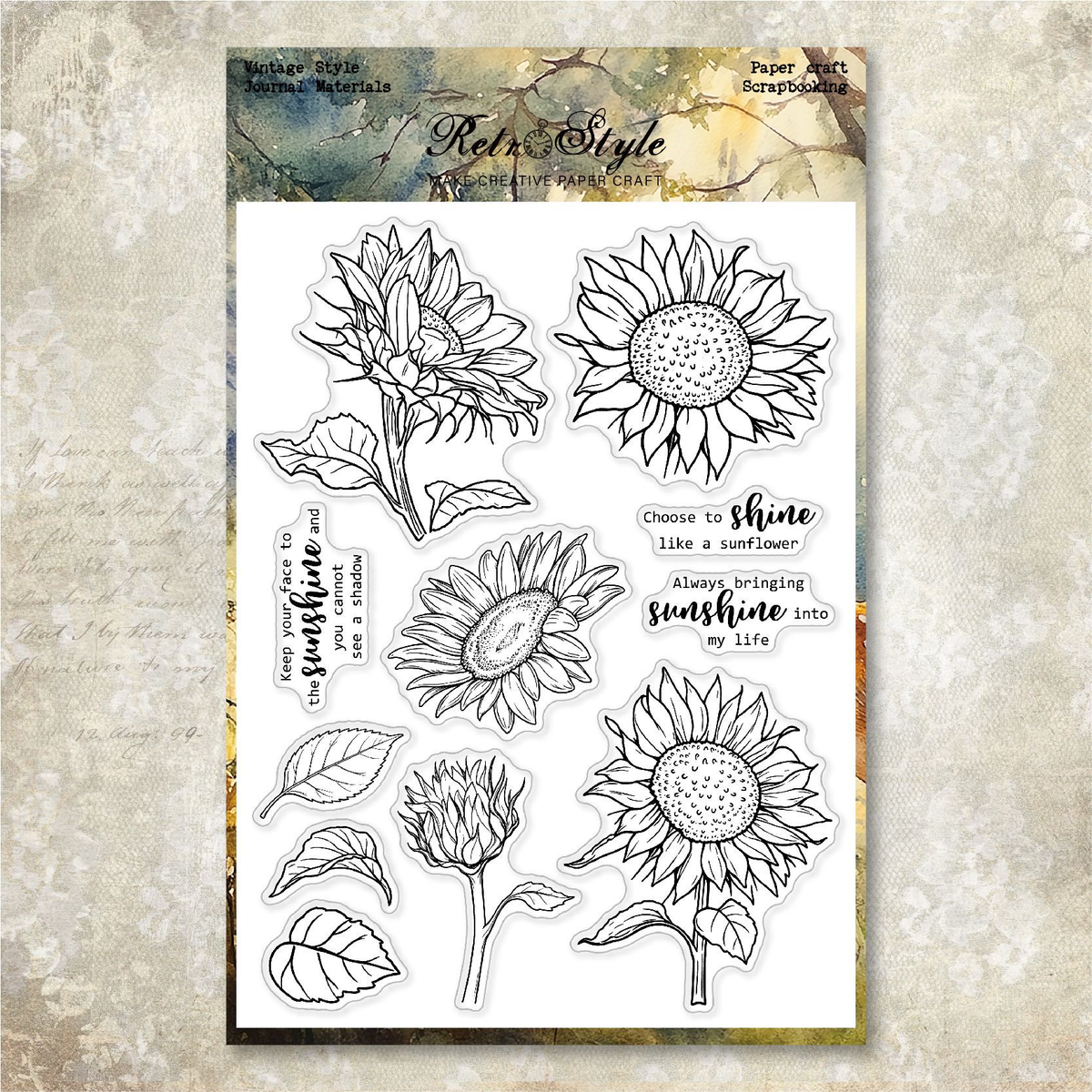 Sunflower silicone stamp sheet, sunflower blooms, stems, leaves, a bud and sunshine sentiments