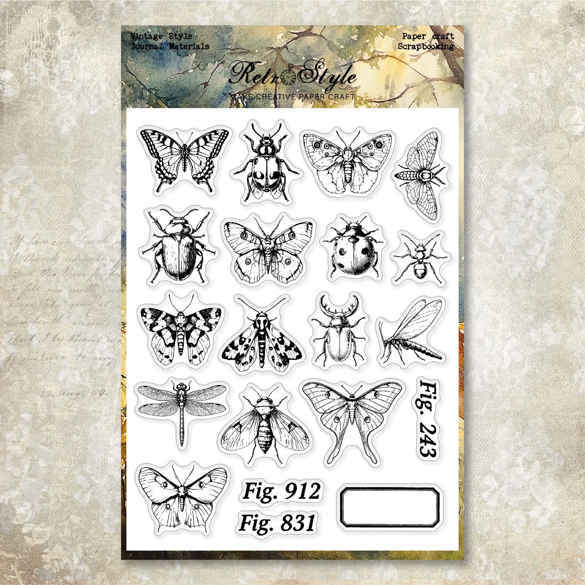 Vintage Insect Specimen silicone stamp sheet, butterflies, moths, beetles, a dragonfly and specimen-style labels