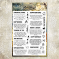 All Occasion Sentiments silicone stamp sheet, birthday, gratitude, congratulations, encouragement, new-home and holiday sentiments with small decorative accents