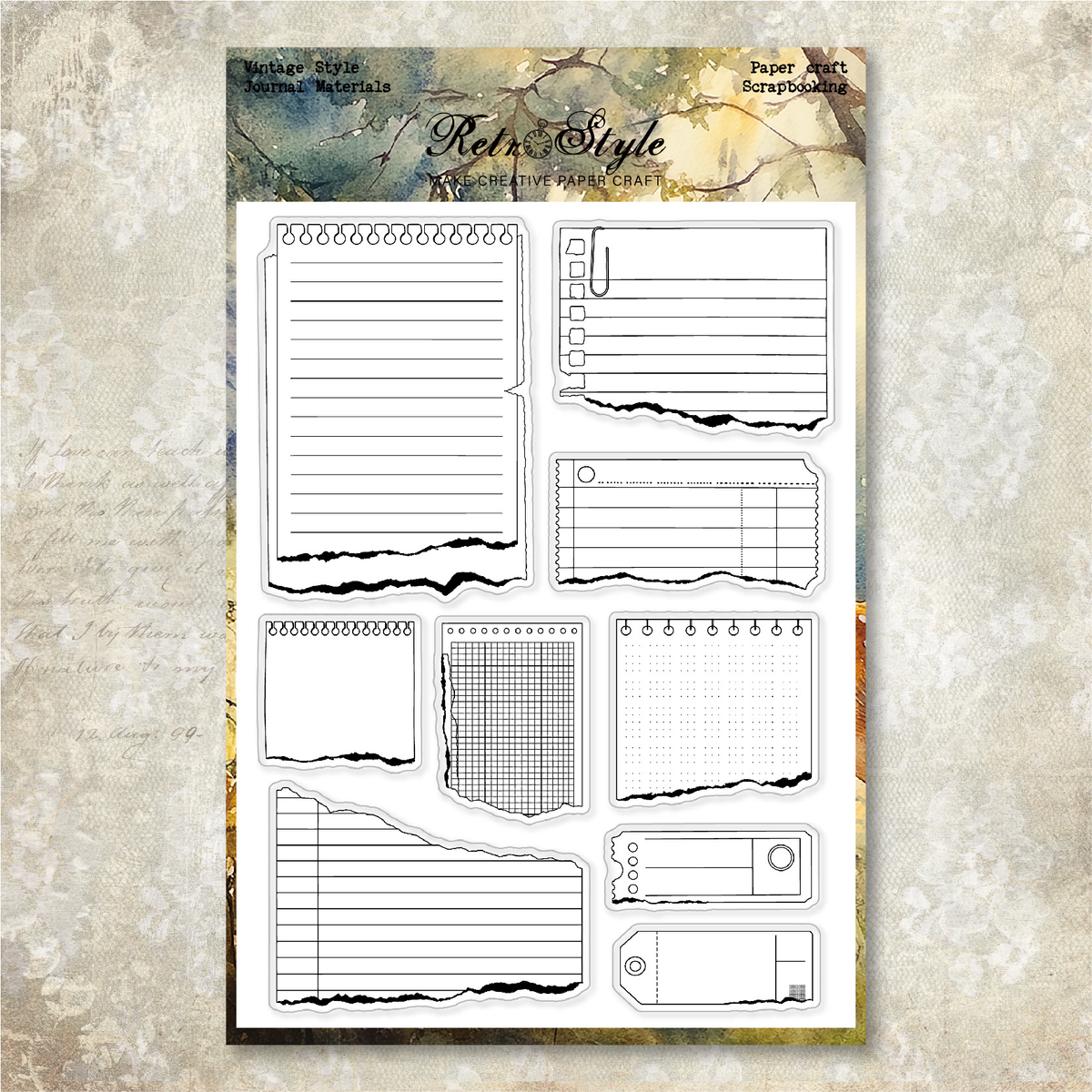 Torn Notebook Paper silicone stamp sheet, torn-edge notebook pages, lined notes, grid paper, dotted paper and tags