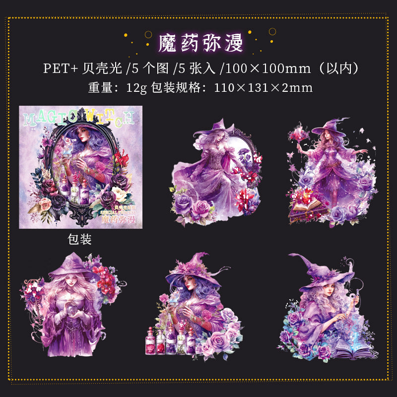 5 Pcs Witch PET Stickers MFNW