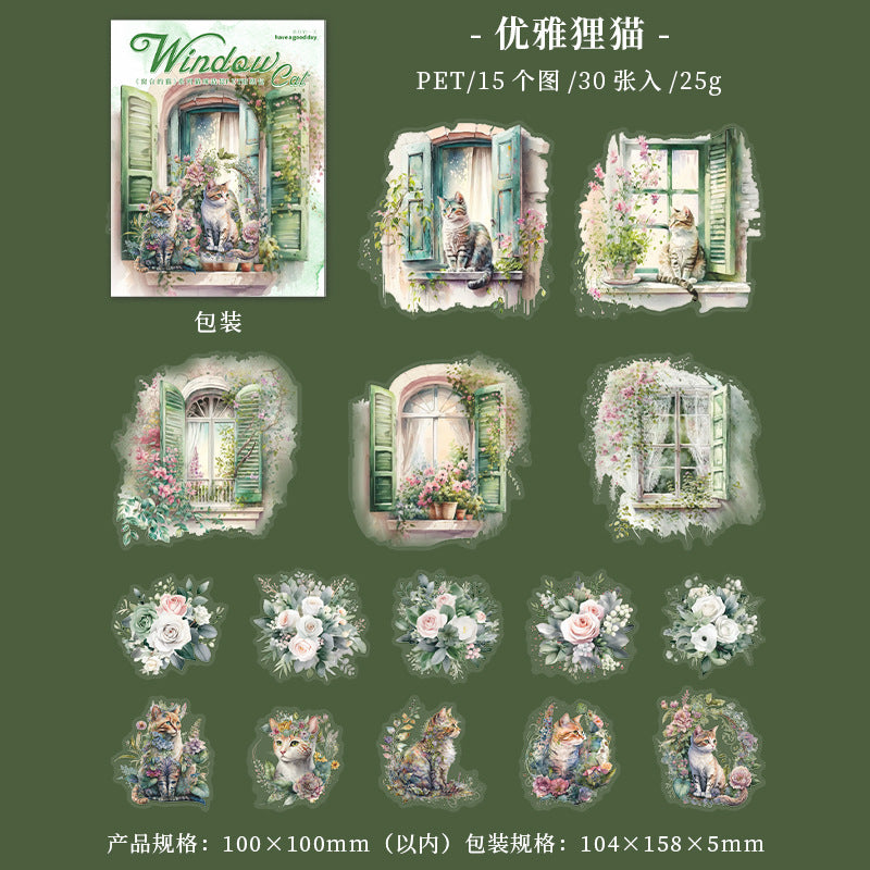 30 Pcs Windows Cat PET Stickers CTDM