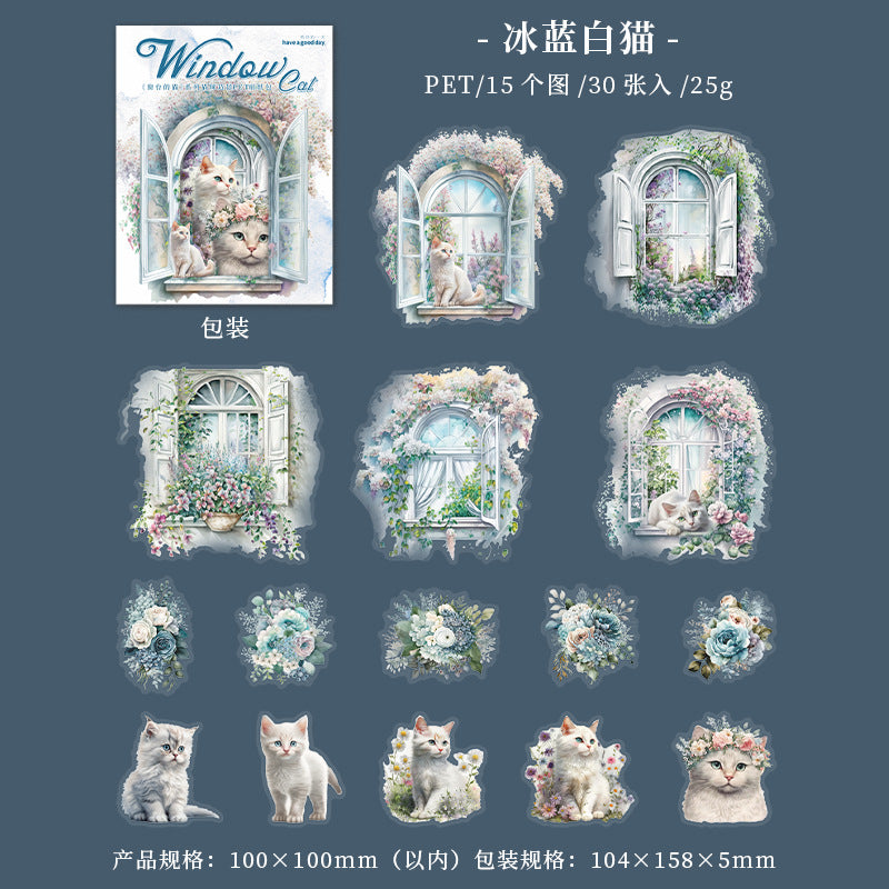 30 Pcs Windows Cat PET Stickers CTDM