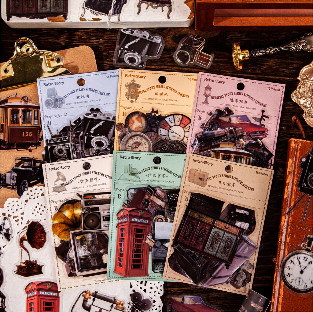 15pcs Vintage PET Gadget Stickers ZGXL