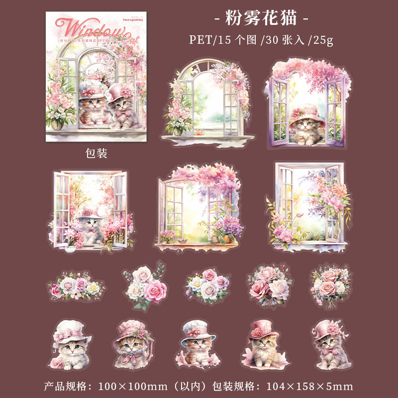 30 Pcs Windows Cat PET Stickers CTDM