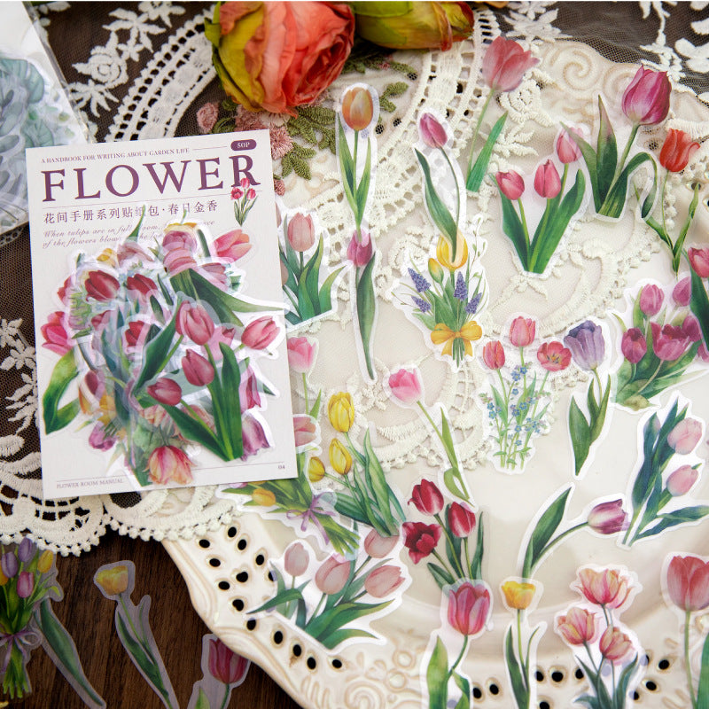50 Pcs Flowers PET Stickers HJSC