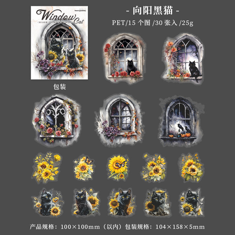30 Pcs Windows Cat PET Stickers CTDM